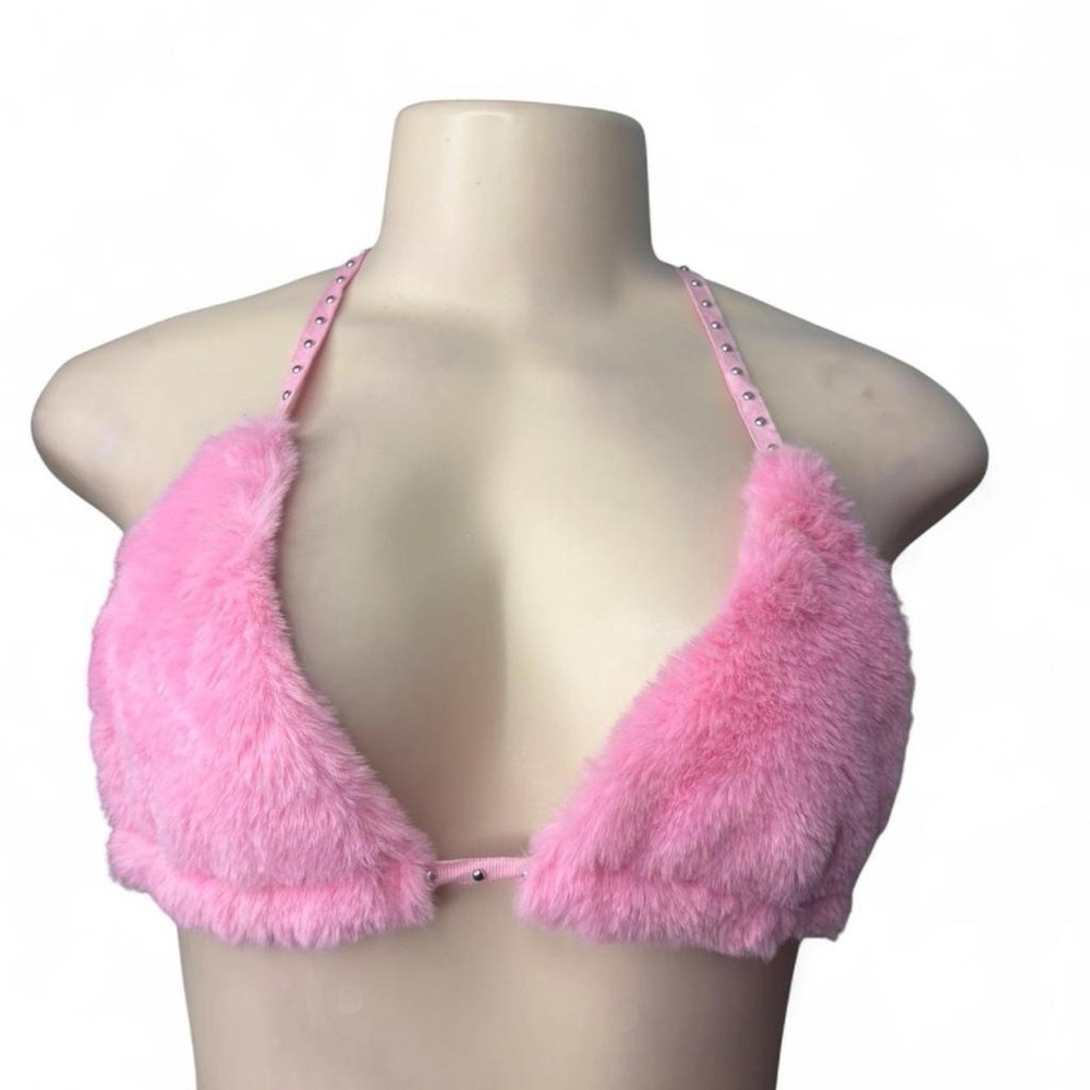 Y2K style pink faux fur bikini top
